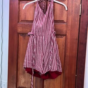 V neck red and white striped romper